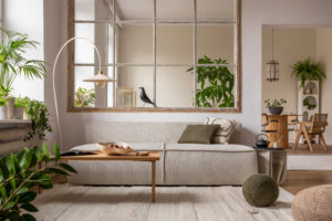 A stylish living room interior featuring a large, ornate mirror reflecting natural light and greenery, enhancing the sense of space and luxury. The room is decorated with plants, a comfortable sofa, and tasteful accessories.