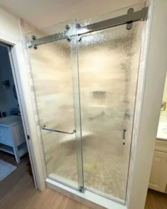 Bypass shower door with textured rain glass, Dennis MA