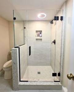Custom shower enclosure fit around existing knee wall, Centerville MA