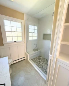 Custom shower enclosure fit around built-in shower seat, Dennis MA