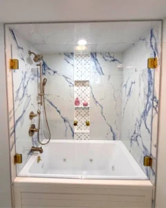 Double door tub enclosure with satin brass hardware, Hyannis Cape Cod MA