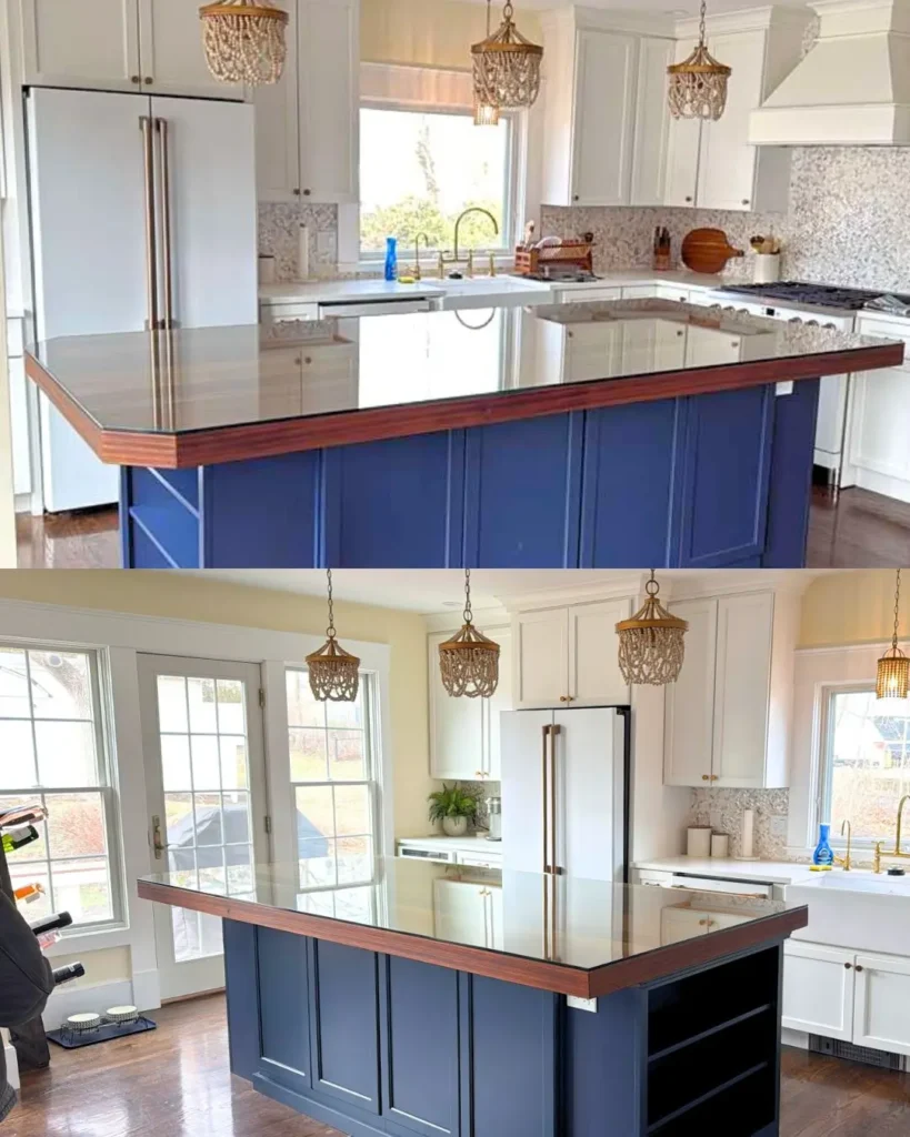Custom protective glass tabletop installed on wood kitchen island in Plymouth MA