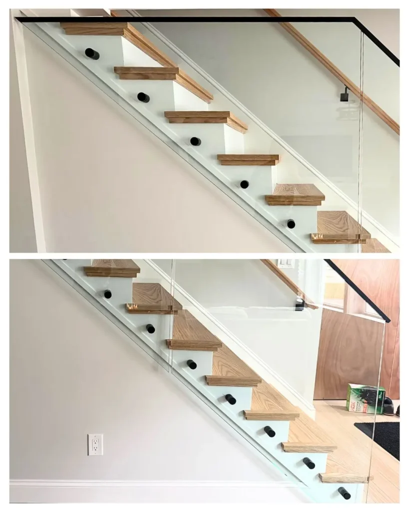 Interior glass staircase railing installation details in Hyannis MA